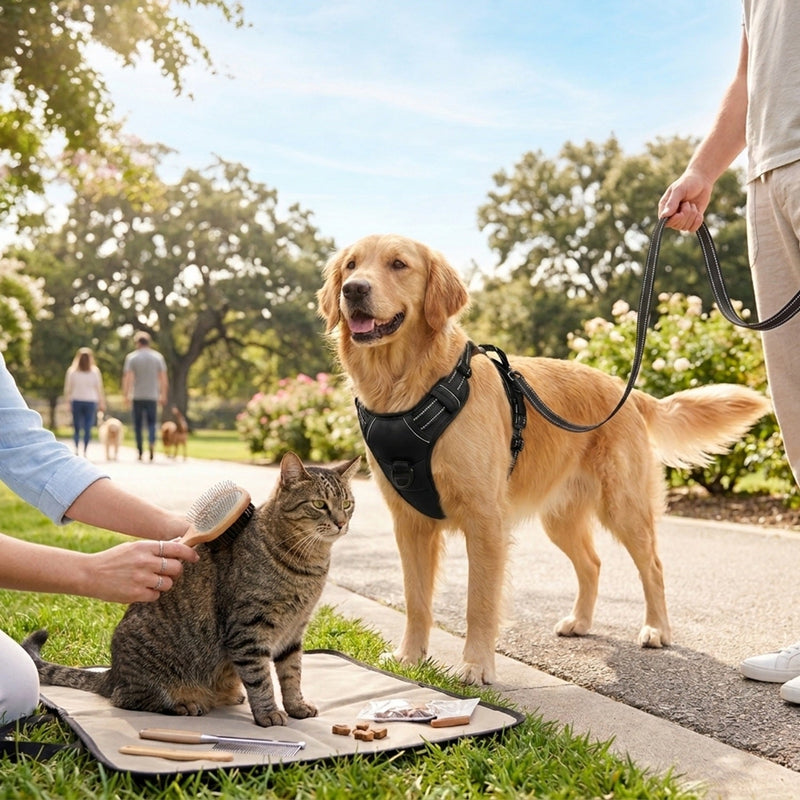 Dog in a walking harness and a cat being groomed outdoors – Training, Grooming & Walking supplies