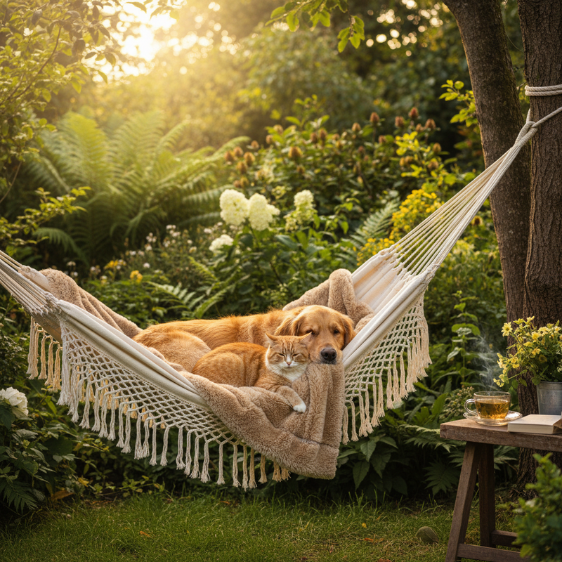 Dog and cat relaxing together in a hammock – Comfort & Wellness beds and essentials for pets