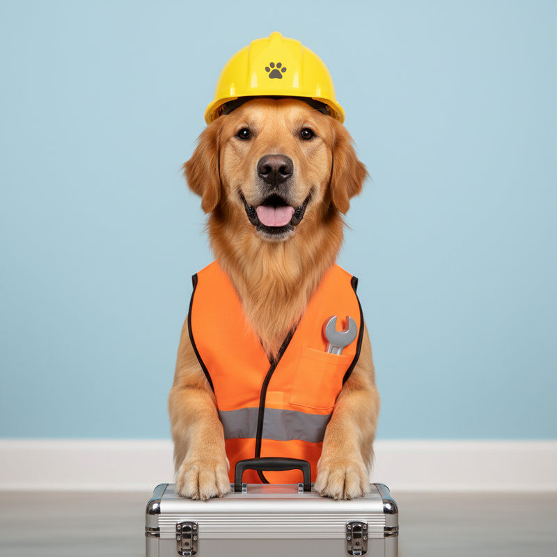 Golden retriever in an orange safety vest and hard hat – Safety & Travel gear for dogs and cats