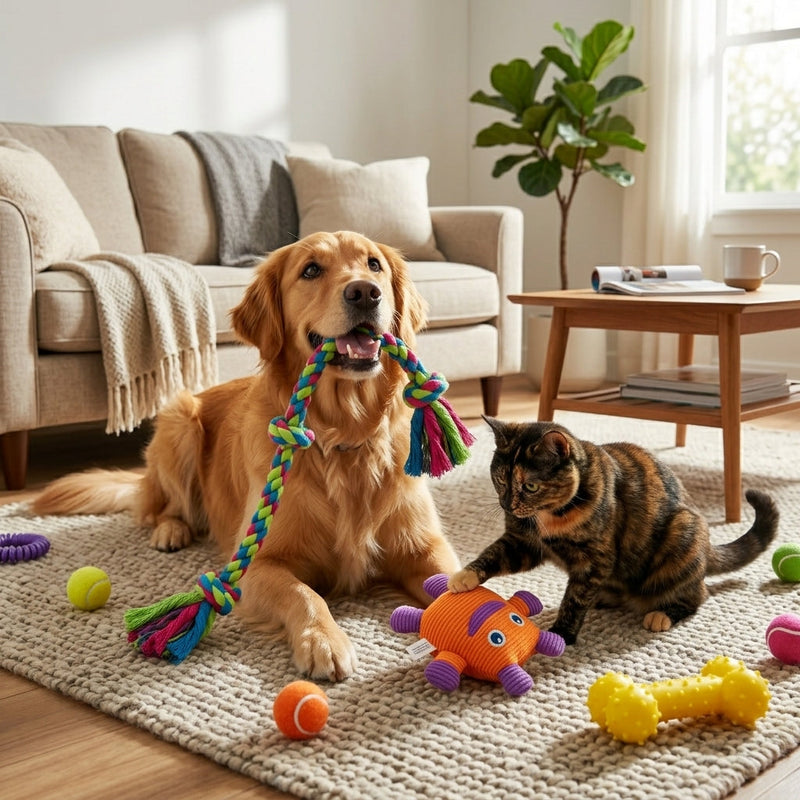 Golden retriever and cat playing with toys at home – Enrichment & Toys for dogs and cats