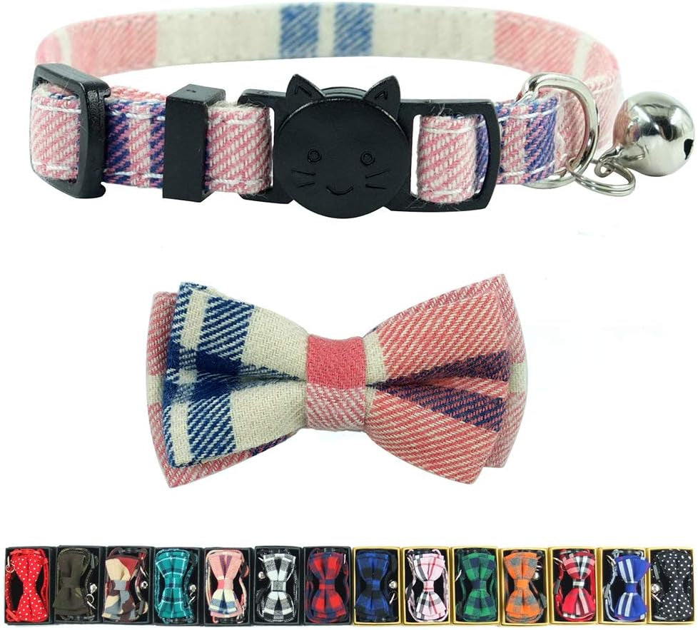 Breakaway Cat Collar with Bell & Bow Tie – Pink Plaid 2