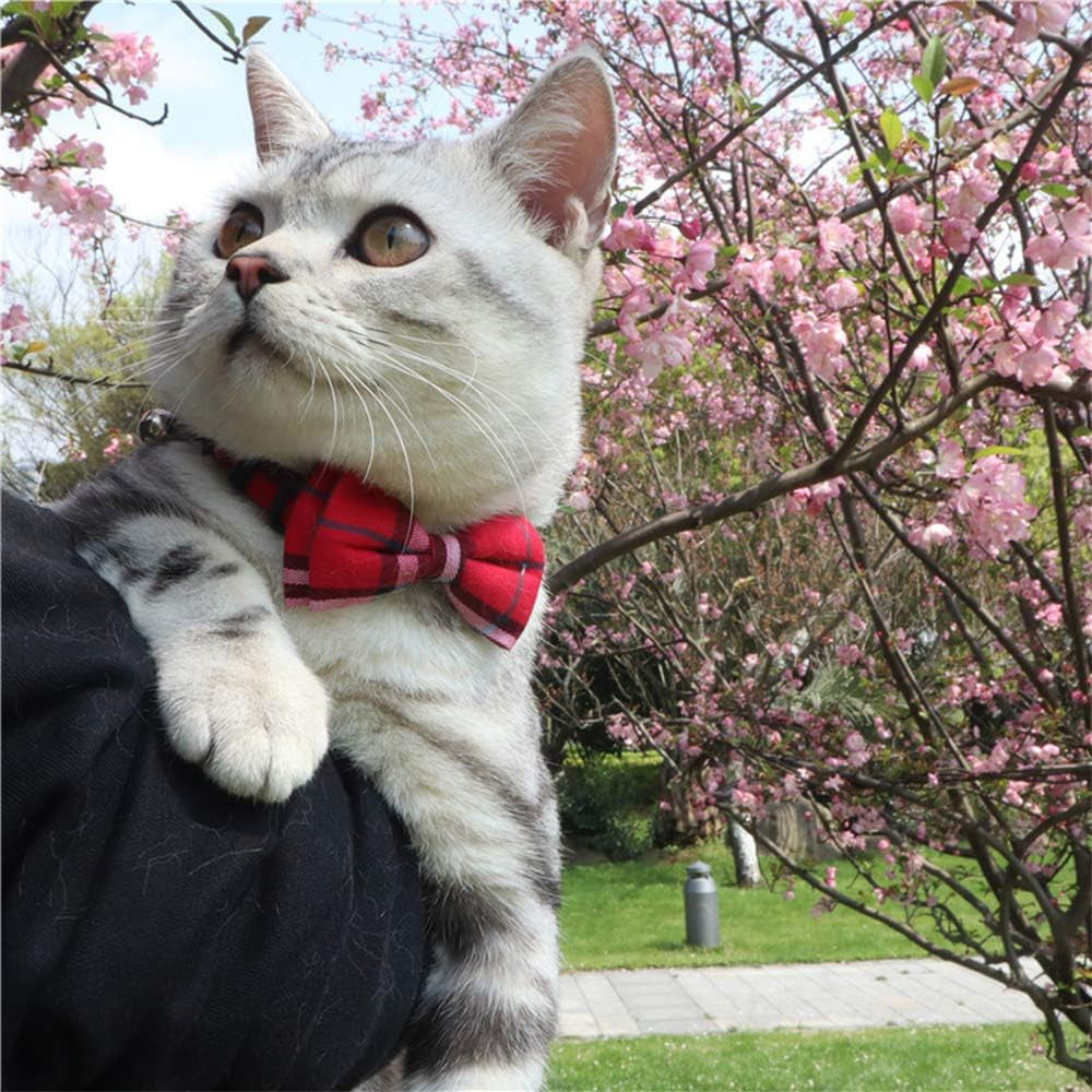 Cat Collar with Bow Tie – Breakaway Plaid with Bell, 2-Pack Adjustable 6.8-10.8" (Red & Blue)