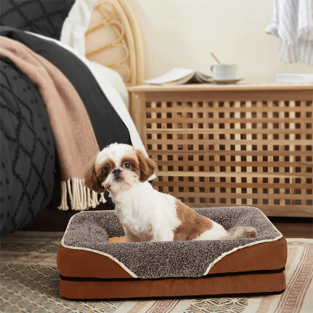 Bolster Dog Bed – Four-Wall Orthopedic Sofa Bed, Egg Crate Foam, Plush Faux Fur (Small)