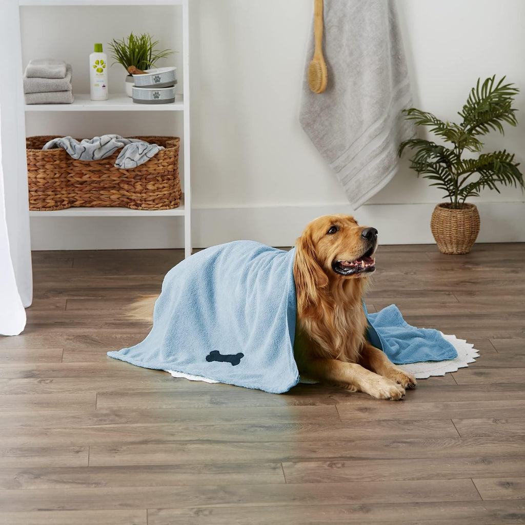 Extra Large Dog Towel – Embroidered Microfiber, 41 x 23.5" (Blue)