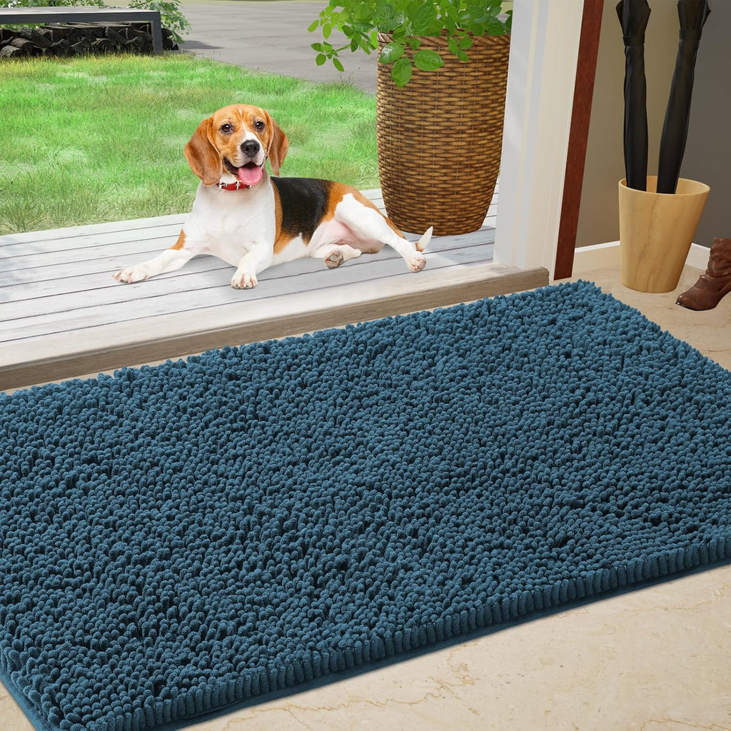 Dog Door Mat – Absorbent Chenille Muddy Paw Mat, Non-Slip, 30" x 20" (Atlantic Blue)