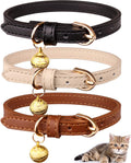Genuine Leather Cat Collar with Bell, 3-Pack – Xs: 6.6"-8.6", Black+Chocolate+Beige