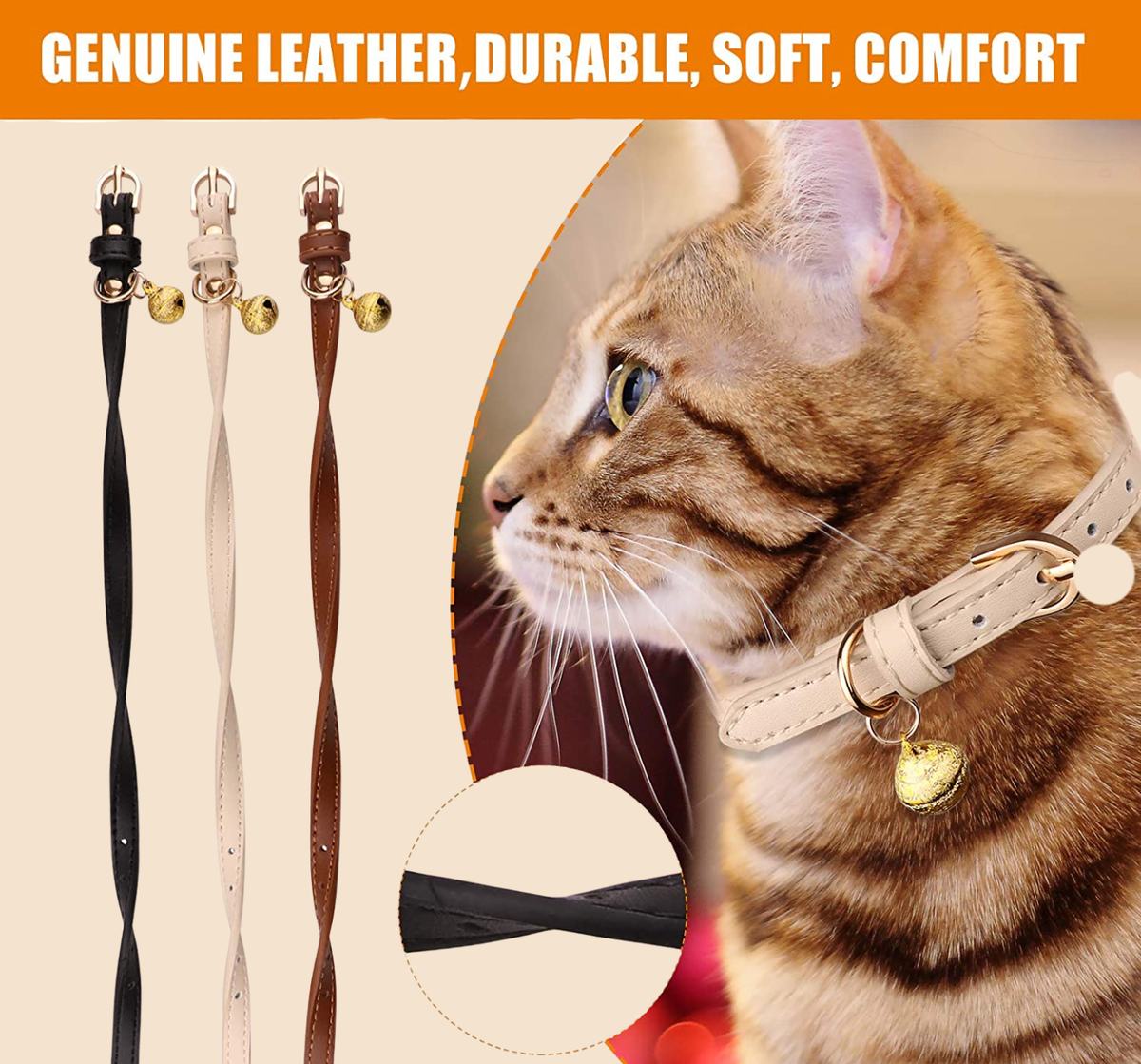 Genuine Leather Cat Collar with Bell, 3-Pack – photo 2