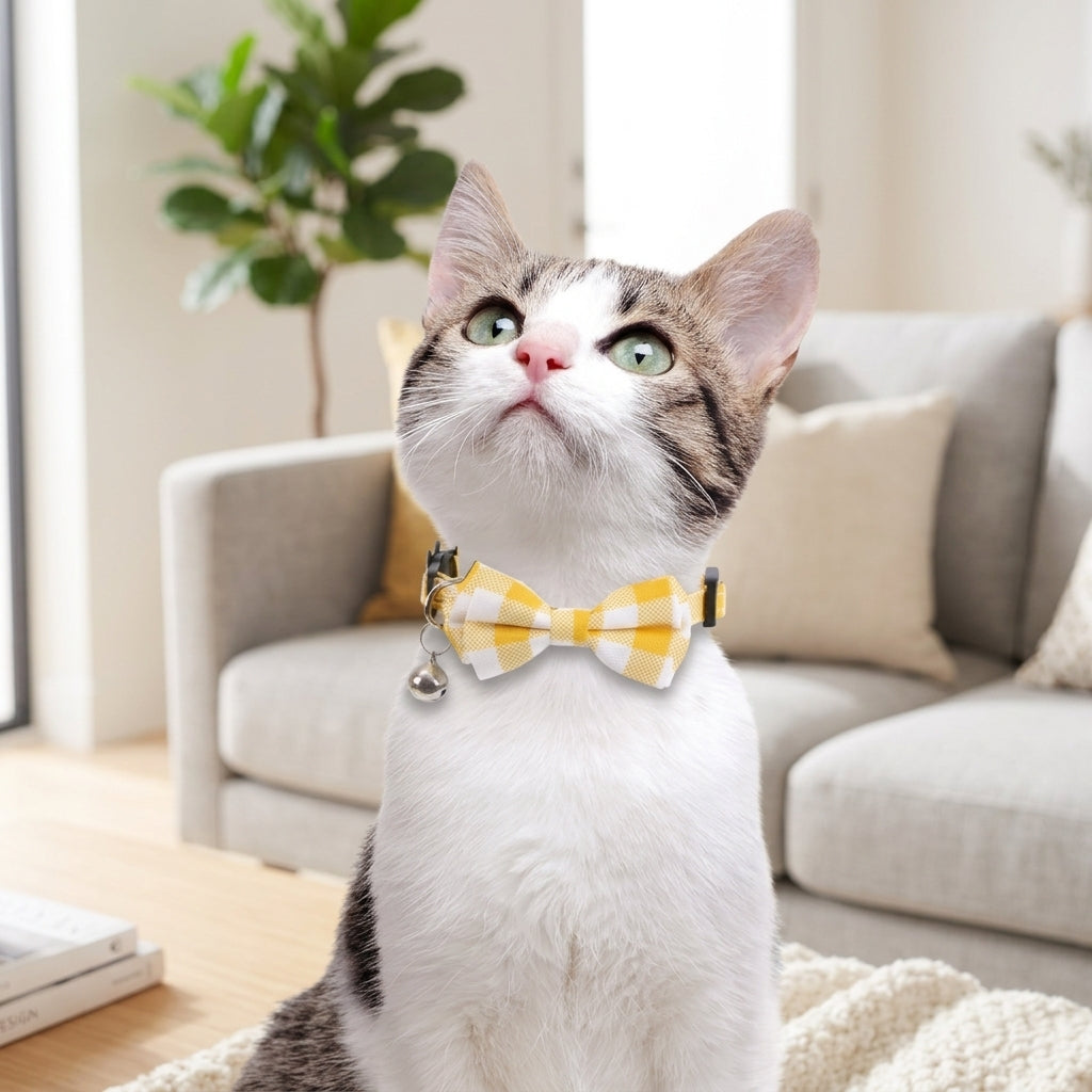 Flower Cat Collar – Breakaway Plaid Flower with Bow Tie & Bell, 2-Pack (8-11")