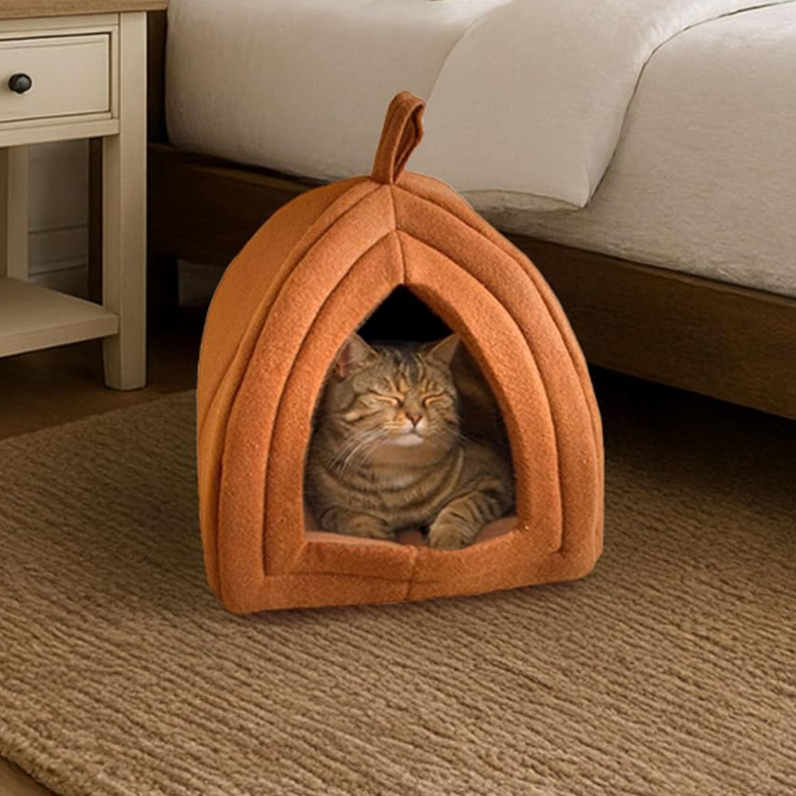 Covered Cat House – Plush Pet Tent with Removable Foam Cushion (Brown)