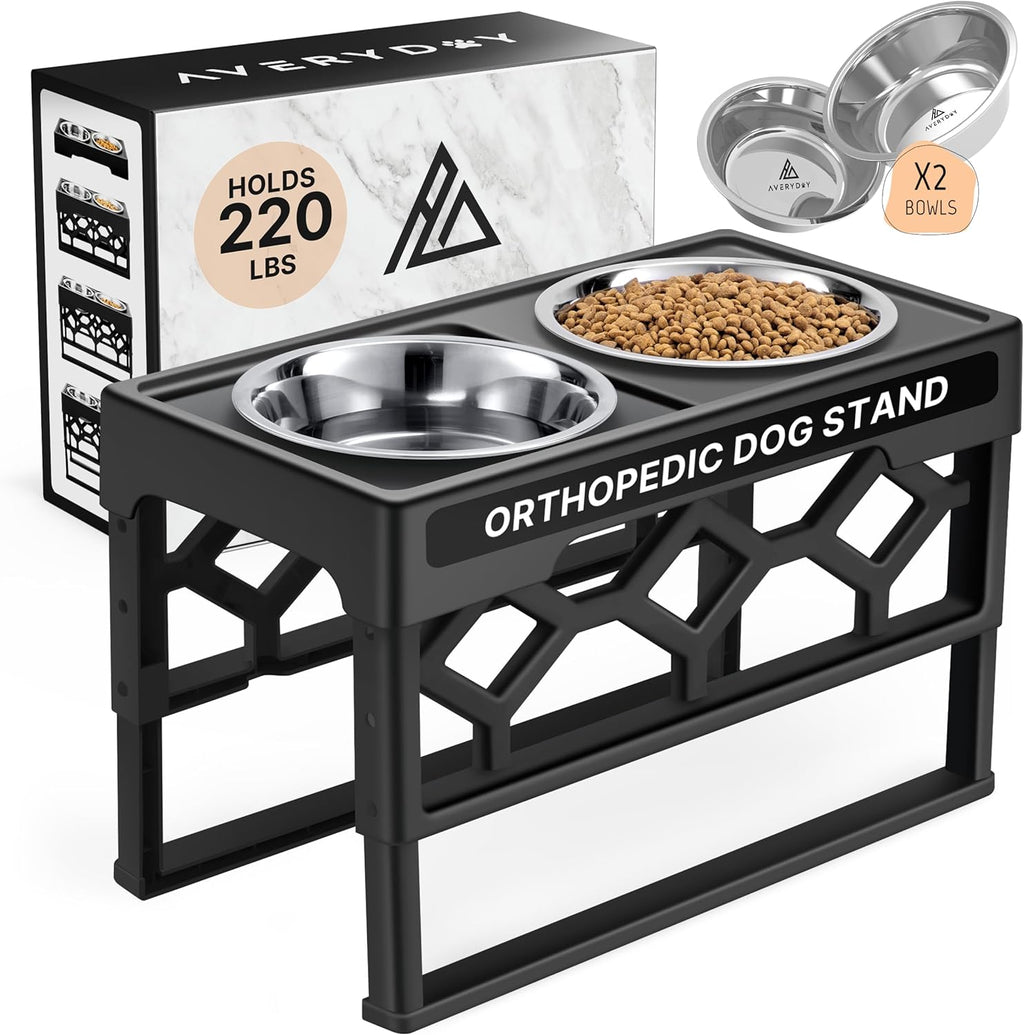 Elevated Dog Bowls – Large, Black Stand + 2 Food Bowls