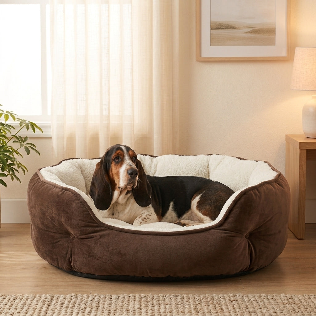 Sherpa Dog Bed – Round, Soft & Washable, for Small Dogs & Cats (Brown, 20")