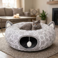 Cat Tunnel Bed – Geometric Oxford Play Tube with Plush Center Mat & Toy Ball, 3 Ft