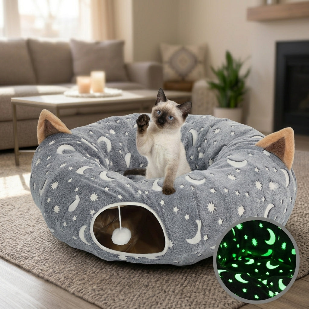 Glow in the Dark Cat Tunnel – Collapsible Play Tunnel for Cats & Small Pets, 3 Ft (Grey Moon & Star)