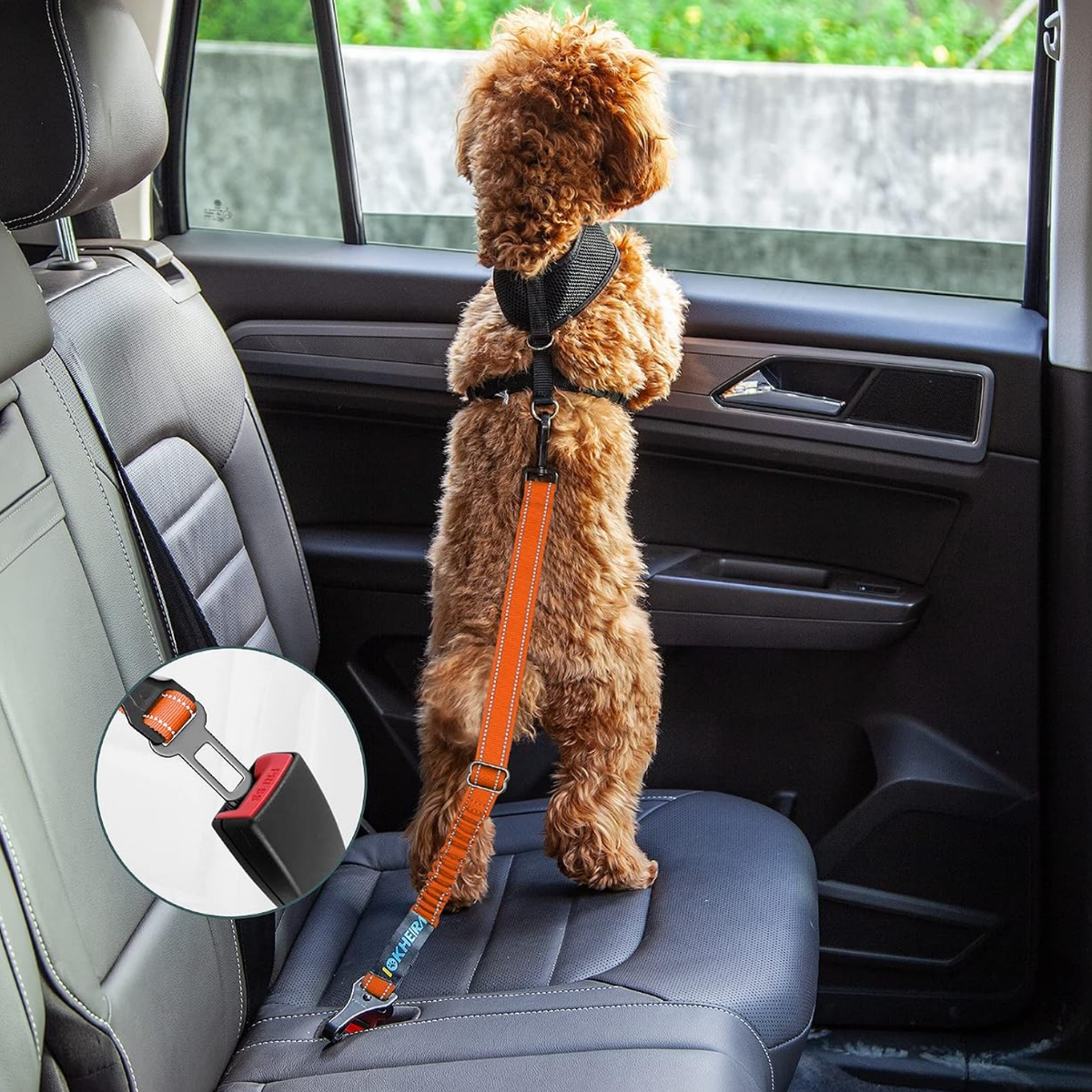 3-in-1 Dog Seatbelt Harness – Heavy-Duty Car Seat Belt, Reflective, Adjustable 19-31" (Orange)