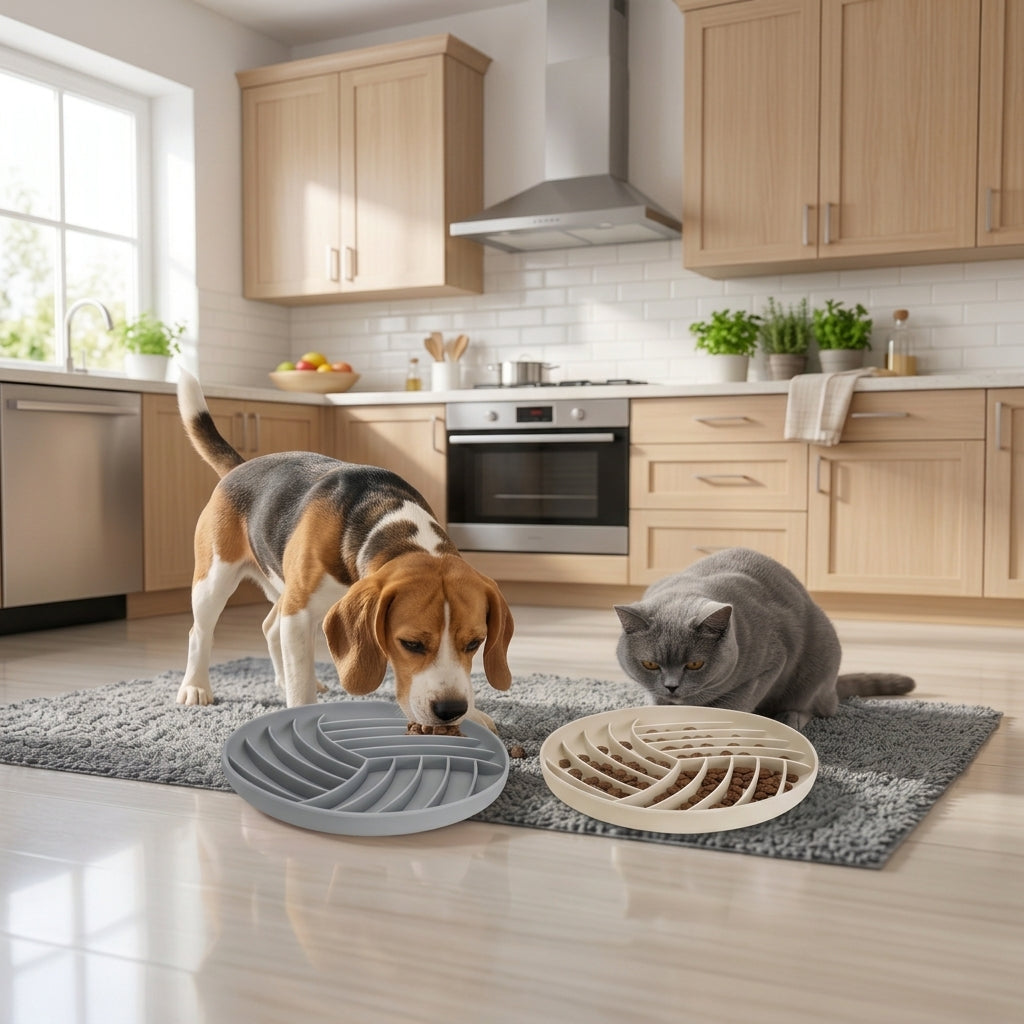 Slow Feeder Dog Bowl Set – Silicone, Suction Cup Base, for Dogs & Cats, 2-Pack (Gray & Beige)